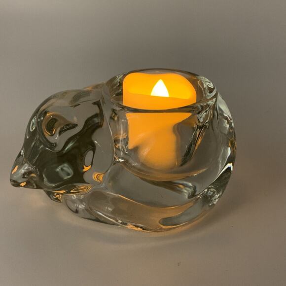 Vtg Indiana Glass Clear Sleeping Kitty Cat Votive Tealight Holder Paper Weight - Picture 1 of 11